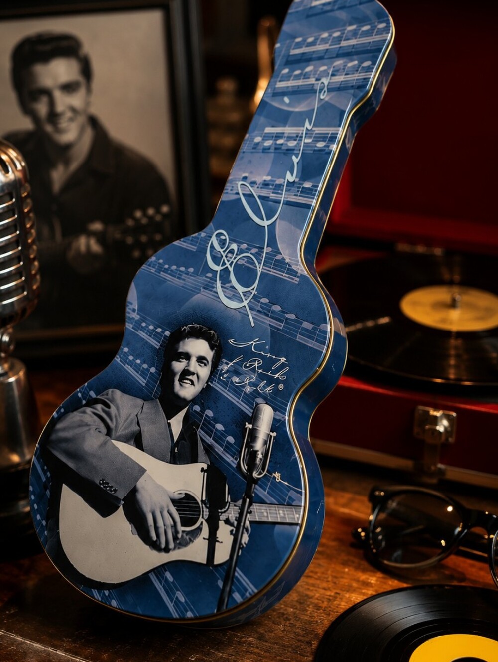 Vintage Elvis Presley Guitar Tin Storage Box | Retro Rockabilly Collectible Deco